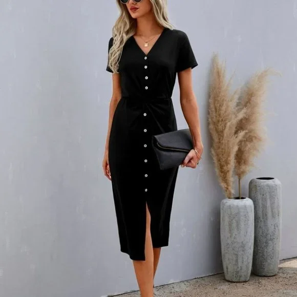 Casual Black Button up Short Sleeve Midi Dress